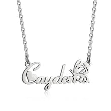 Load image into Gallery viewer, Silver rhodium plated script name necklace with the name Cayden and a small butterfly