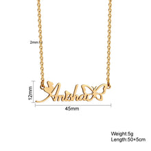 Load image into Gallery viewer, Butterfly script name necklace size chart: pendant 45 mm wide and 12 mm tall on a 2 mm cable chain, 5 g