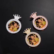 Load image into Gallery viewer, Three custom crown photo pendants in 14k yellow gold, white gold, and rose gold plating, featuring a family memory photo inside an iced-out frame.
