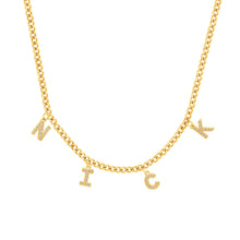 Load image into Gallery viewer, Close-up of a gold dangling initial necklace spelling NICK with CZ letter charms