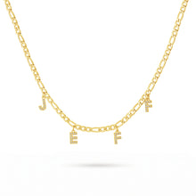 Load image into Gallery viewer, Gold letter charm necklace with dangling CZ initials on a figaro chain