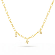 Load image into Gallery viewer, Gold dangling initial necklace with CZ letter charms on a paperclip chain