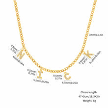 Load image into Gallery viewer, Dangling initial necklace size chart: 9.5 mm letters, 3 mm curb chain, about 8 g