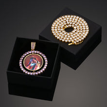 Load image into Gallery viewer, Yellow gold colorful cubic zirconia double-sided custom photo pendant elegantly displayed inside a black gift box alongside a tennis chain.