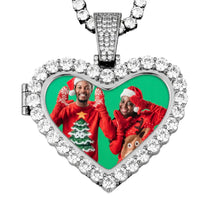 Load image into Gallery viewer, Silver iced out heart photo pendant with a couple's Christmas picture inside a CZ frame