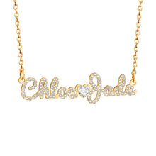 Load image into Gallery viewer, Gold double name necklace with CZ stones on a 2 mm link chain, front view