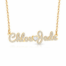 Load image into Gallery viewer, Custom iced out double name necklace in 18K gold plating with the names Chloe and Jade joined by a CZ heart