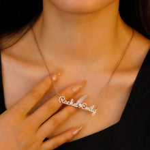 Load image into Gallery viewer, Woman wearing a gold iced out name necklace with two names on a fine link chain