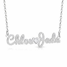 Load image into Gallery viewer, Silver rhodium plated double name necklace with Chloe and Jade in CZ-set script letters