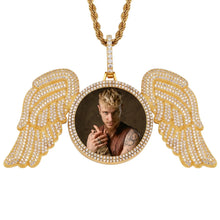 Load image into Gallery viewer, Gold custom picture pendant with angel wings on a gold rope chain, white background