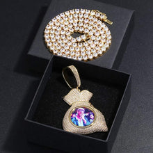 Load image into Gallery viewer, Yellow gold money bag custom picture pendant displayed elegantly inside a black gift box alongside an iced-out chain.