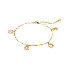 Load image into Gallery viewer, Gold letter charm bracelet with four sparkling CZ initials on a white background