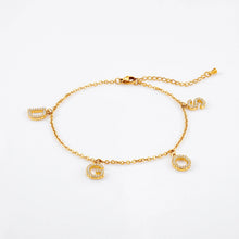 Load image into Gallery viewer, Gold initial charm bracelet with CZ letter charms D, G, O and S