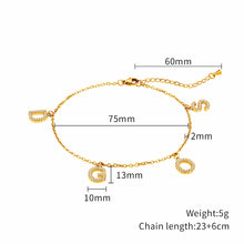 Load image into Gallery viewer, Initial charm bracelet size chart with letter charm and chain measurements
