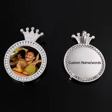Load image into Gallery viewer, White gold plated custom crown photo pendant showing a family picture on the front and custom name engraving text on the back.
