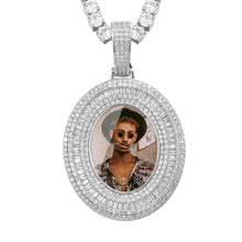 Load image into Gallery viewer, Silver oval picture pendant for men with baguette and round CZ around a custom photo