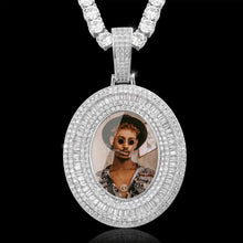 Load image into Gallery viewer, Silver rhodium plated oval picture pendant for men with a custom photo and CZ halo