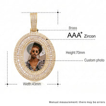 Load image into Gallery viewer, Oval photo pendant size chart: brass with AAA+ CZ, 70 mm tall and 43 mm wide