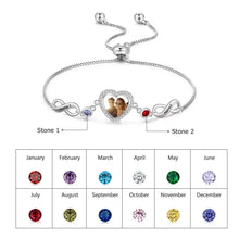 Load image into Gallery viewer, Infinity Bracelet with Photo Inside – 2 Birthstones, Engraved Name &amp; Adjustable Chain