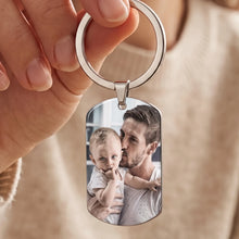 Load image into Gallery viewer, Hand holding a custom photo dog tag keychain with a color family picture