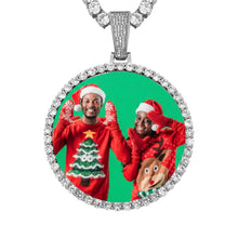 Load image into Gallery viewer, Silver custom photo medallion necklace with a couple's Christmas picture in a round CZ halo