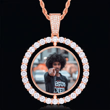 Load image into Gallery viewer, Rose gold spinning photo pendant with a picture inside a round CZ halo on a rope chain