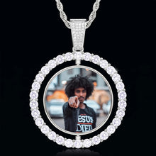 Load image into Gallery viewer, Silver color spinning photo pendant with a custom picture inside a round CZ halo on a rope chain