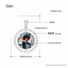 Load image into Gallery viewer, Spinning photo pendant size guide: brass, AAA+ CZ, 65 x 45 mm with bail, 25 g