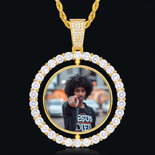 Load image into Gallery viewer, Gold spinning photo pendant with a man's picture inside a round iced-out CZ halo on a rope chain