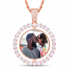 Load image into Gallery viewer, Rose gold custom photo rotating pendant with a family photo inside a round CZ halo on a rope chain