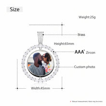 Load image into Gallery viewer, Custom photo rotating pendant size guide: brass, AAA+ CZ, 65 x 45 mm with bail, 25 g