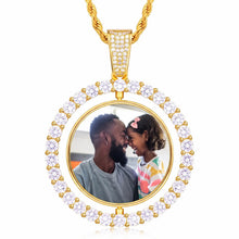 Load image into Gallery viewer, Gold custom photo rotating pendant with a father and daughter photo inside a round iced-out CZ halo on a rope chain