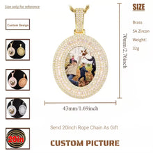 Load image into Gallery viewer, Size and dimension details of the 14k gold plated custom 3D picture necklace, showing 70mm height, 43mm width, and 32g weight with 5A zircon stones.