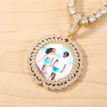 Load image into Gallery viewer, Side view of a gold personalized round picture memory necklace with CZ halo