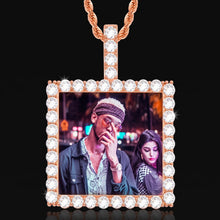 Load image into Gallery viewer, Rose gold plated square picture pendant with a custom photo inside and CZ stones