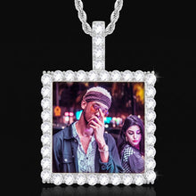 Load image into Gallery viewer, Silver personalized photo necklace for men, rhodium plated square pendant with a CZ halo