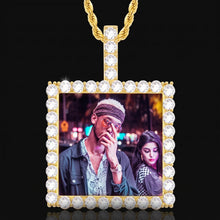 Load image into Gallery viewer, Custom square picture necklace for men, 18K gold plated, with a personalized photo inside an iced-out CZ frame
