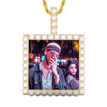 Load image into Gallery viewer, Gold picture necklace for men with a square photo pendant and CZ bail on a white background