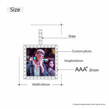 Load image into Gallery viewer, Square photo pendant size chart: 60 mm tall, 40 mm wide, brass with AAA+ CZ stones