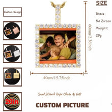Load image into Gallery viewer, Size and dimension details for the square memory pendant, showing 60mm height, 40mm width, 29g weight, made of brass and 5A zircon stones
