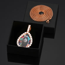 Load image into Gallery viewer, Size guide for the custom teardrop photo pendant showing 60mm height, 30mm width, made of brass and 5A zircon stones.