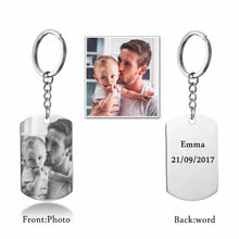 Load image into Gallery viewer, Black and white photo dog tag keychain with Emma 21/09/2017 engraved on the back