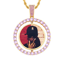 Load image into Gallery viewer, Rose gold double-sided rotating photo necklace with a colorful purple CZ halo and a custom photo