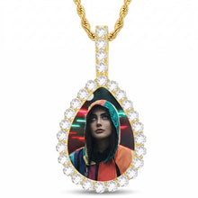 Load image into Gallery viewer, Front view of the 14k yellow gold plated custom teardrop photo pendant featuring a personalized portrait picture.