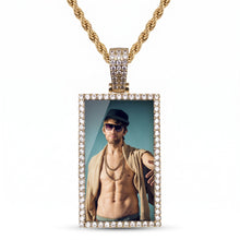 Load image into Gallery viewer, Front view of a custom picture necklace for men, 14k gold-plated rectangle photo pendant