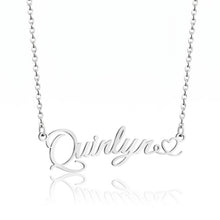 Load image into Gallery viewer, Silver color handwritten name necklace in script with a heart