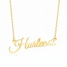 Load image into Gallery viewer, Gold handwritten name necklace that reads Harlee with a small heart