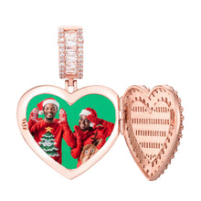 Load image into Gallery viewer, Rose gold plated heart locket with picture – iced out CZ heart open next to the couple photo inside