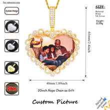 Load image into Gallery viewer, ize and specification details for the custom iced out heart necklace, showing 61mm height, 48mm width, 22.59g weight, made of brass and 5A zircon stones.