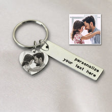 Load image into Gallery viewer, Heart photo keychain with a black and white picture of a dad and daughter and a custom engraved bar
